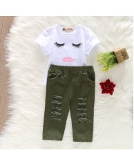 Girls 2 piece Jean and Top - Green|White 