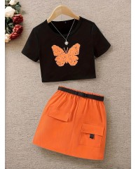 Girls 2 piece Outfit Set - Orange|Black 