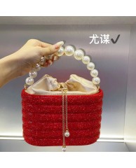 Ladies Stoned Clutch Purse with Pearl  - Red