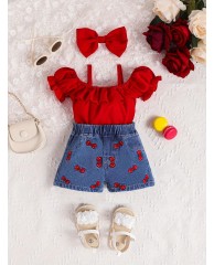 Girls 2 piece Jean and Top with Bow - Red |Blue