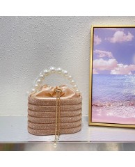 Ladies Stoned Clutch Purse with Pearl  - Gold 