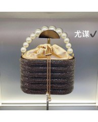 Ladies Stoned Clutch Purse with Pearl  - Grey 
