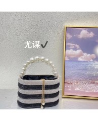 Ladies Stoned Clutch Purse with Pearl  - Black |White 