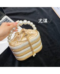 Ladies Stoned Clutch Purse with Pearl  - Gold |White 