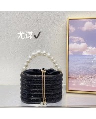 Ladies Stoned Clutch Purse with Pearl  - Black 