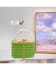 Ladies Stoned Clutch Purse with Pearl  - Green 