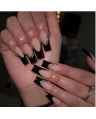 Jeweled Press On Nails -  Nude|Black 