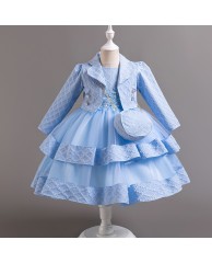Jacquard With Jacket Children Christmas / Party Dress - Blue 