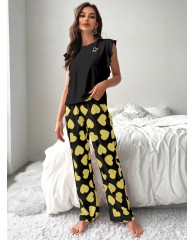 Women's 2 in 1 cotton pyjamas (Love) - Yellow | Black