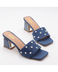 Ladies Beaded Jean Party low mules -Blue