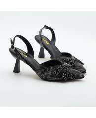 Ladies Party Bow Slingback  Heels (stoned) - Black