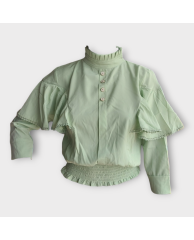 Plain Buttoned Turtle neck Crop Blouse - Green 