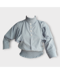 Plain Buttoned Turtle neck Crop Blouse - Grey 