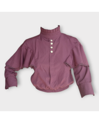 Plain Buttoned Turtle neck Crop Blouse - Wine