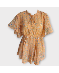 Floral Buttoned Chiffon Blouse - Orange 