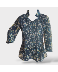 Floral Pleated Ruffled  Blouse - Blue 