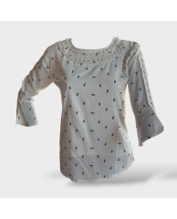 Beaded Neck Short Sleeve Blouse - White |Black
