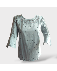 Beaded Neck Short Sleeve Blouse - Blue |Black