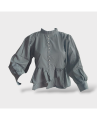 Plain-buttoned Cotton Long-sleeved Blouse- Grey