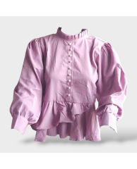 Plain-buttoned Cotton Long-sleeved Blouse - Pink 