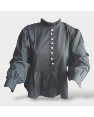 Plain-buttoned Cotton Long-sleeved Blouse- Black