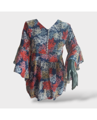 Floral Chiffon Beaded Blouse- Navy Blue and Red