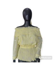 Ruffled Off Shoulder Leaf Print Blouse - Yellow 
