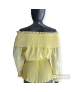Ruffled Off Shoulder Leaf Print Blouse - Yellow 