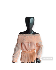 Ruffled Off Shoulder Leaf Print Blouse - peach