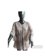 Floral Chiffon Cape Blouse- Nude