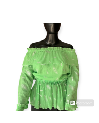 Ruffled Off Shoulder Leaf Print Blouse - Green